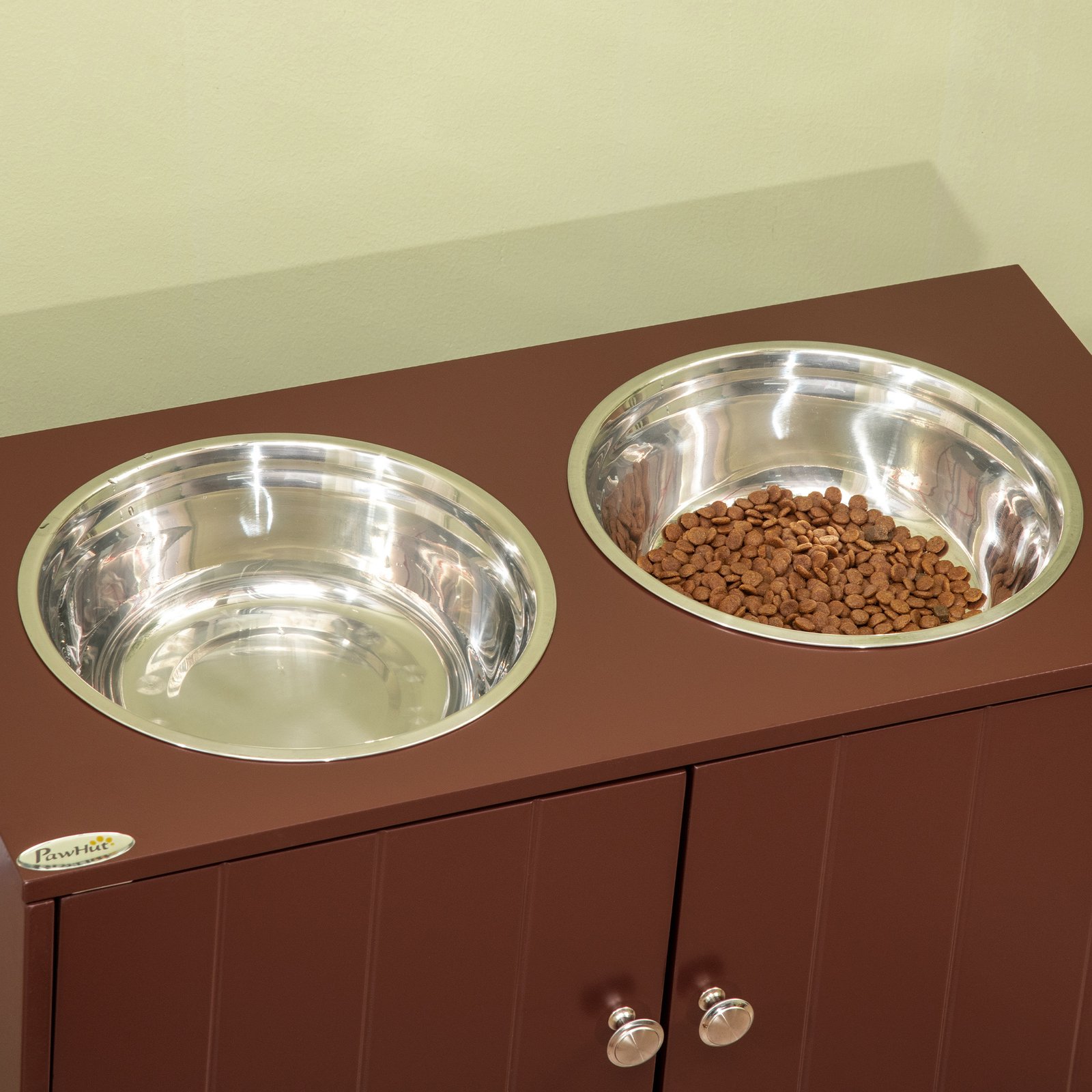 Elevated wooden dog feeding station with storage cabinet (photo 6)