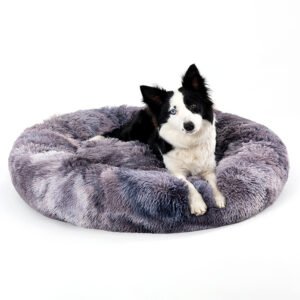 Fluffy donut calming dog bed in long plush — soft round cuddler bed for dogs and cats