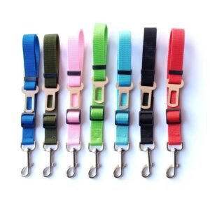 Adjustable dog car seat belt — elastic reflective safety restraint with alloy buckle