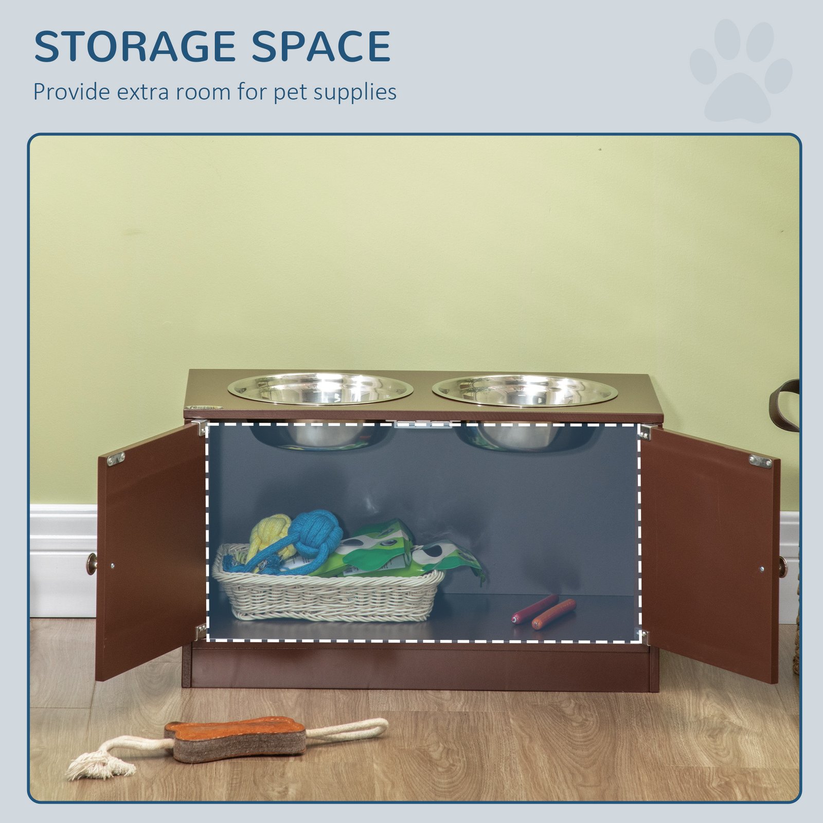 Elevated wooden dog feeding station with storage cabinet (photo 4)