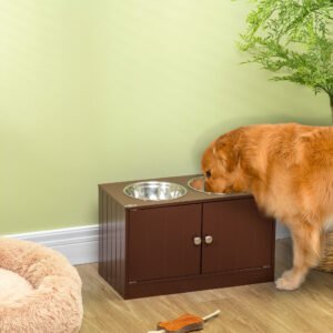 Elevated dog feeder raised bowl station - Elevated wooden dog feeding station with storage cabinet (photo 1)