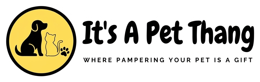 It's A Pet Thang logo: dog and cat in a yellow badge beside the store name
