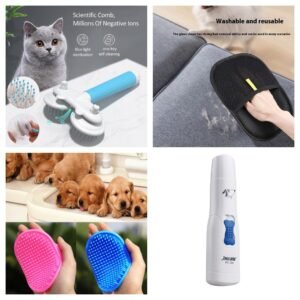 Dog Grooming Kit showing a self-cleaning slicker brush, deshedding grooming mitt, silicone bath brush, and quiet electric nail grinder